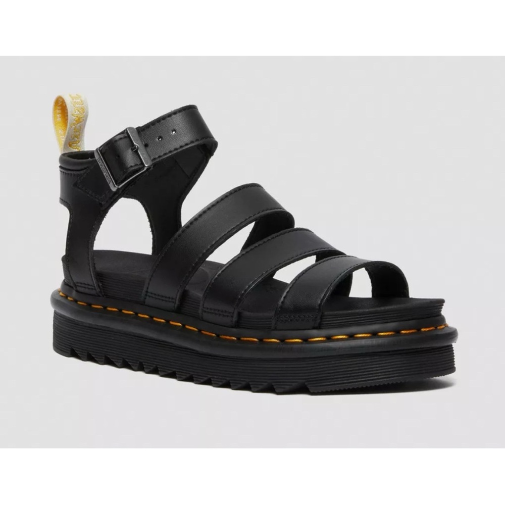 Dr. Martens Black Leather Multi-Strap Platform Sandals with Yellow Loop